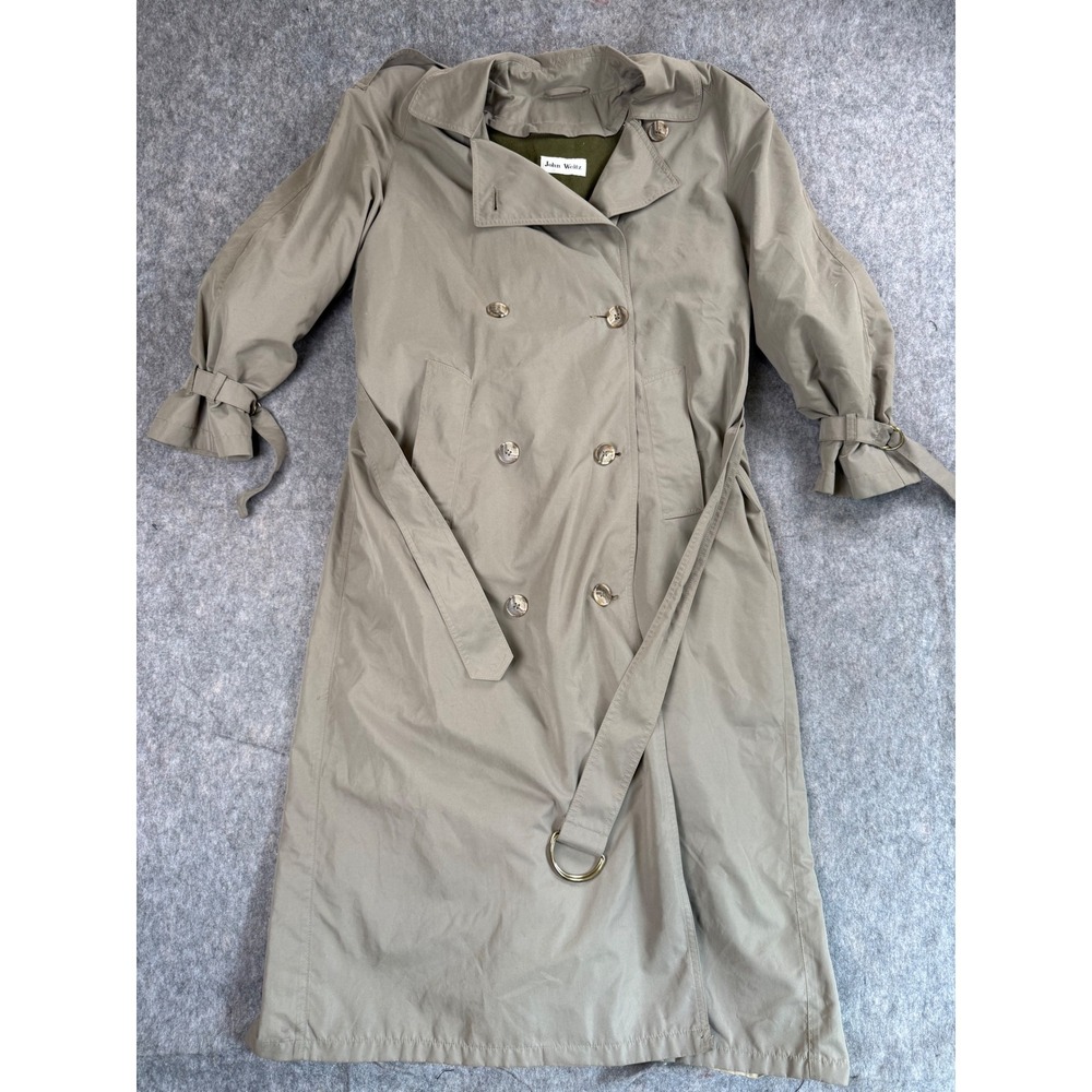 John Weitz Trench Coat Mens 42R Khaki Tan Cotton Belted Classic Overcoat Y2K